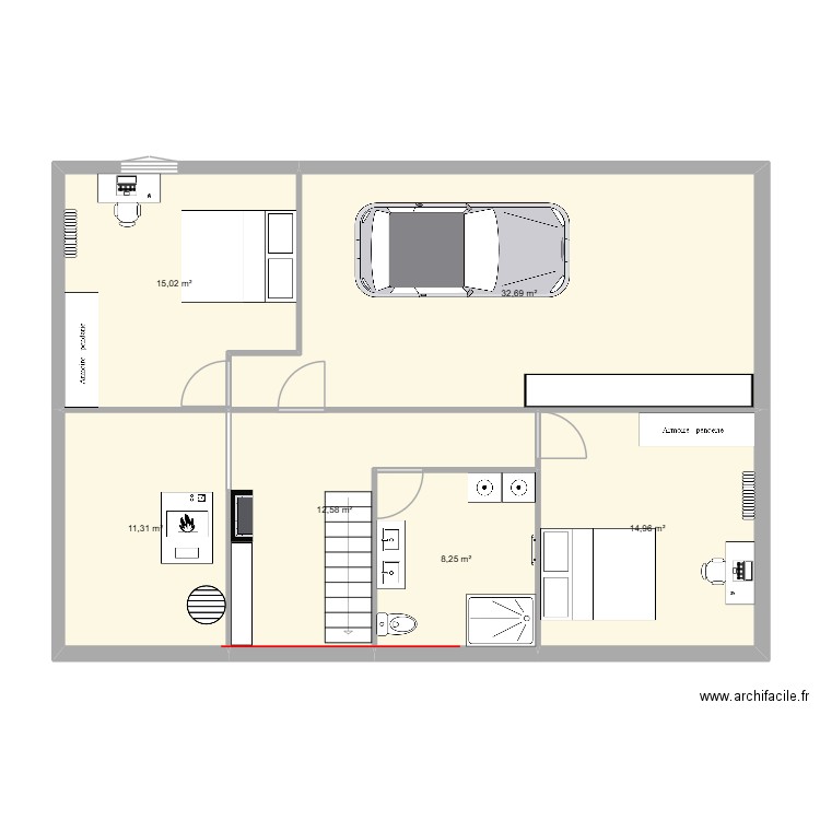 sous sol. Plan de 6 pièces et 95 m2