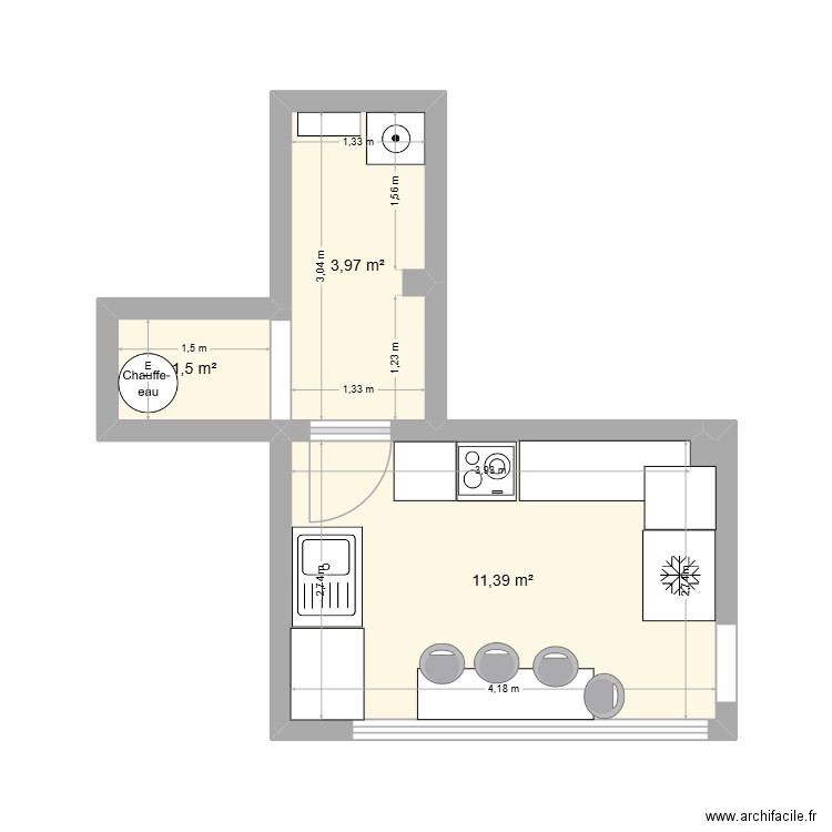 Cuisine ALI. Plan de 3 pièces et 17 m2