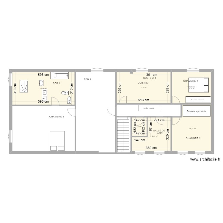 Maison Les M . Plan de 6 pièces et 72 m2