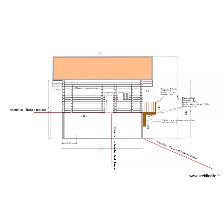 Fa&ccedil;ade Nord chalet apr&egrave;s travaux. Plan de 1  et 24 m²
