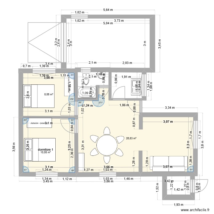 rosas rosas. Plan de 3 pièces et 45 m2