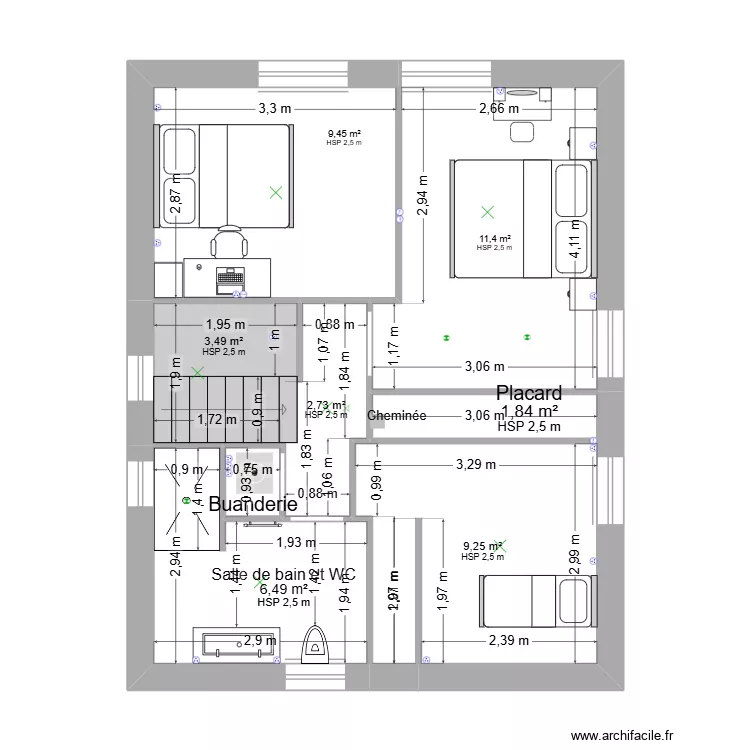 Maison A 1er bis. Plan de 8 Pièces et 45 m²