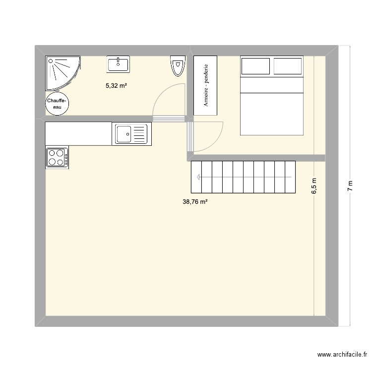 maison pilotis bois. Plan de 2 pièces et 44 m2