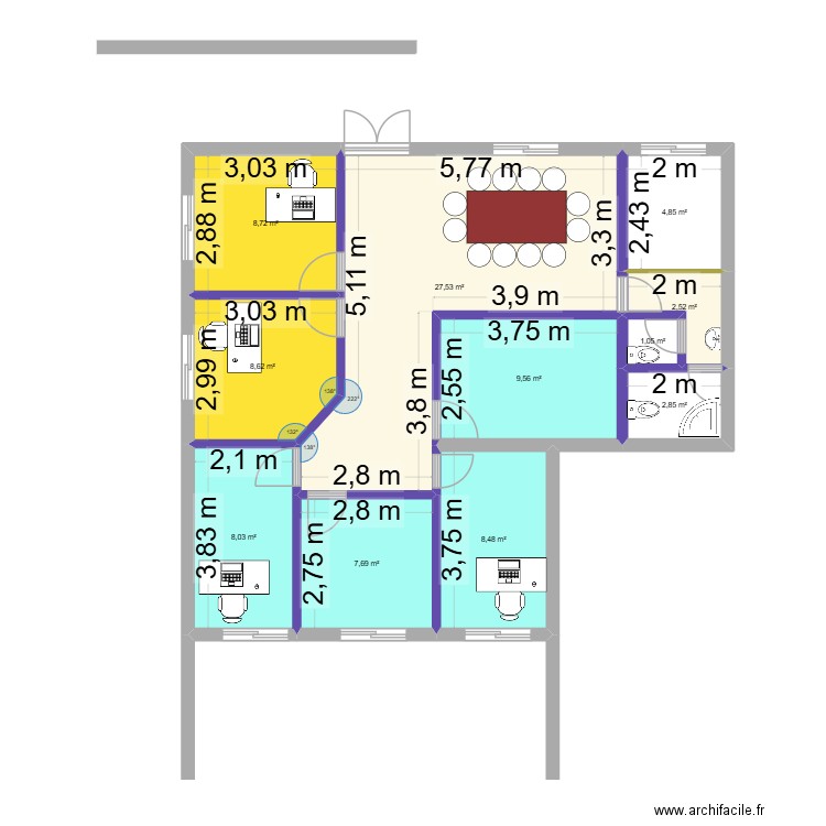 Apal version 3 (6 bureau avec gestion d'espace). Plan de 11 pièces et 90 m2