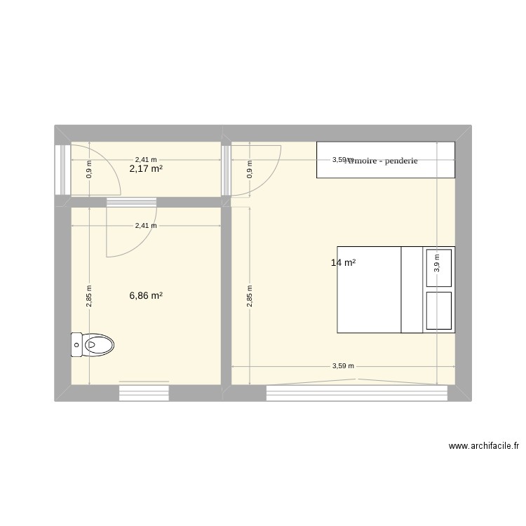 chambre salle de bain. Plan de 3 pièces et 23 m2