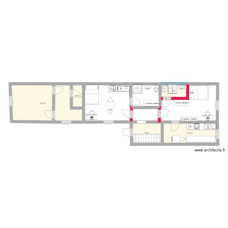 3 maisons 1 er modifié. Plan de 5 pièces et 42 m2