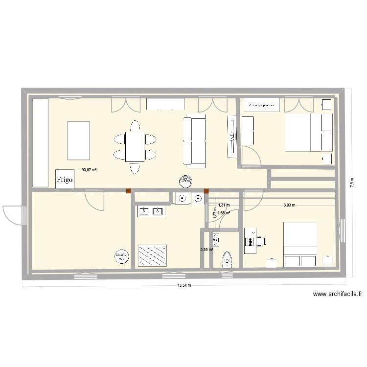 pandele. Plan de 3 pièces et 101 m2