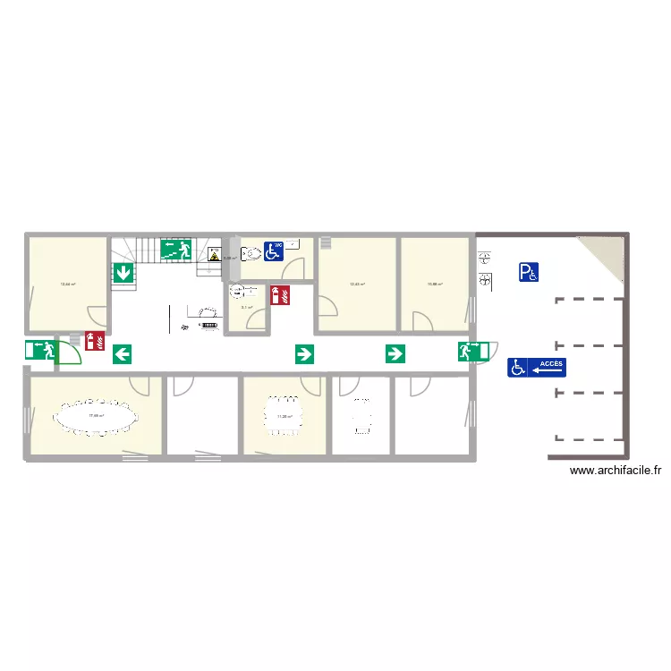 RDC 3R Evacuation. Plan de 8 pièces et 73 m²