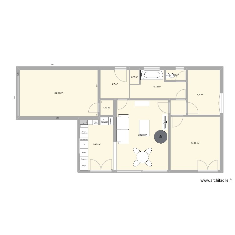 Cuisine avec modification de l'ouverture de la cuisine. Plan de 10 pièces et 89 m2
