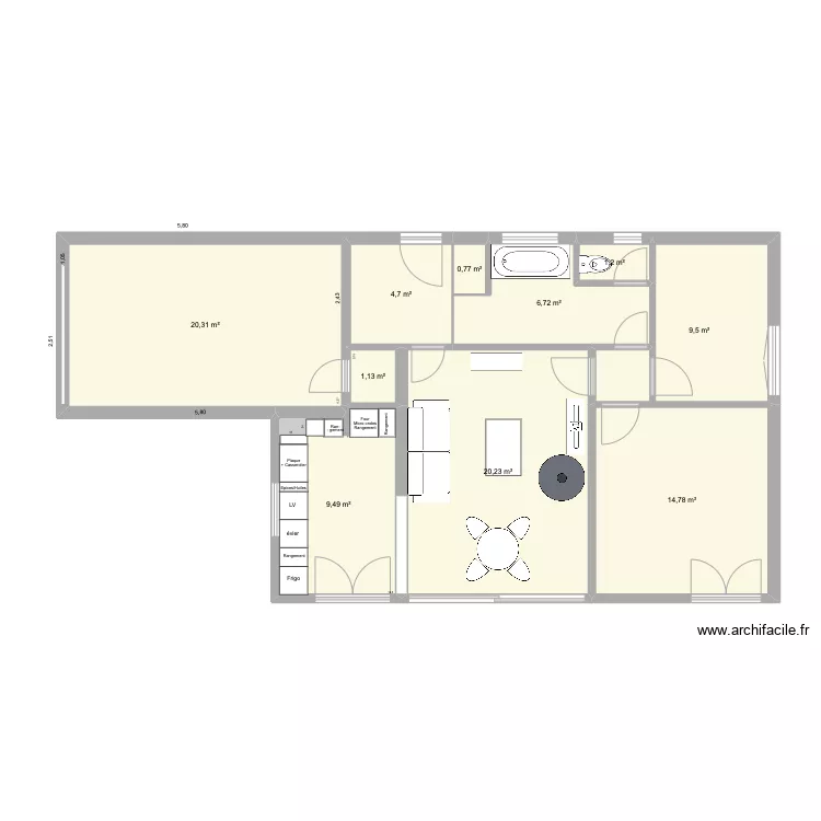 Cuisine avec modification de l'ouverture de la cuisine. Plan de 