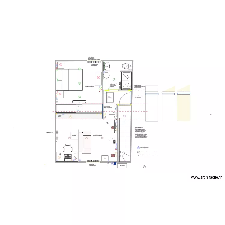 Salon avec separation + Chambre + SDB. Plan de 3  et 41 m²