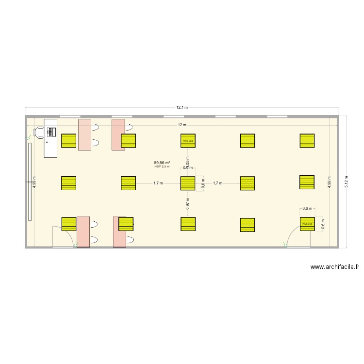 Salle de cours type. Plan de 1 pièce et 60 m2