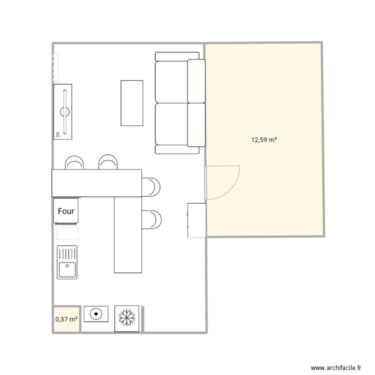 Cuisine. Plan de 2 pièces et 13 m2