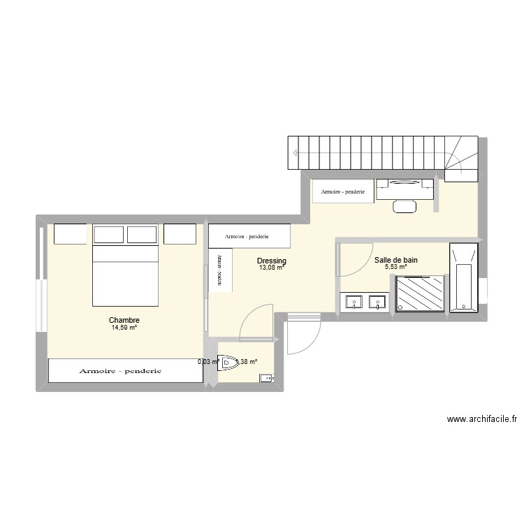 Suite parentale meublé. Plan de 5 pièces et 35 m2