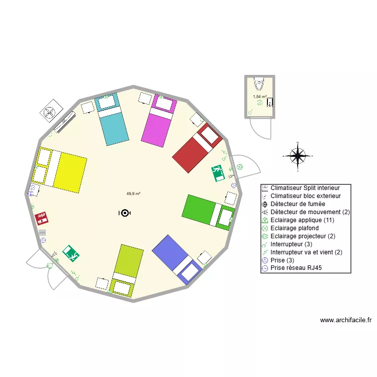 Dortoier Yourte. Plan de 2  et 51 m²