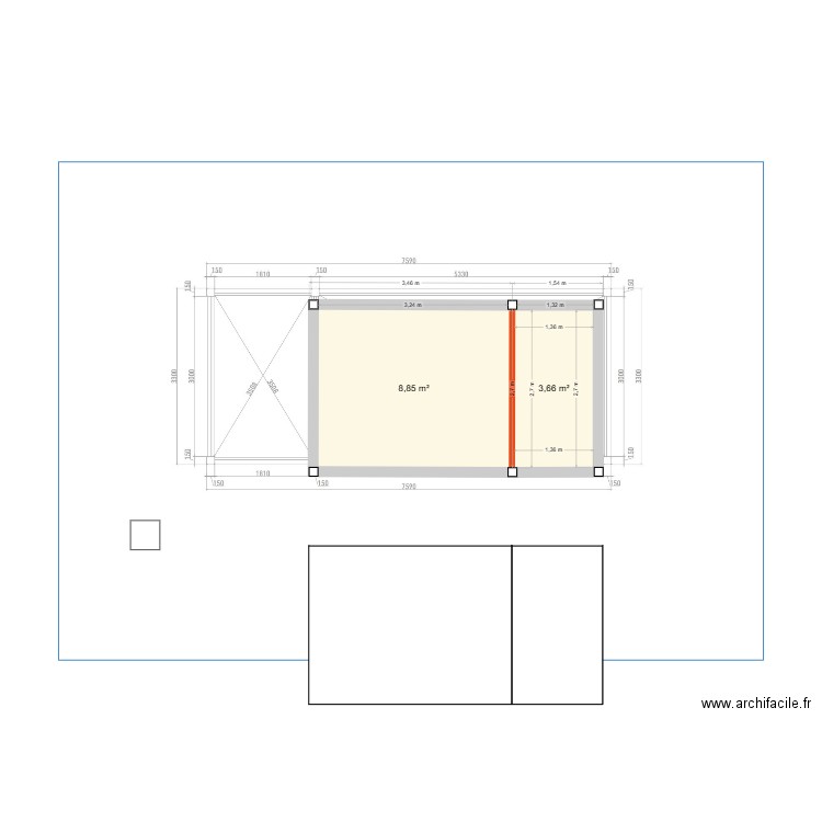 POOL HOOSE. Plan de 2 pièces et 13 m2