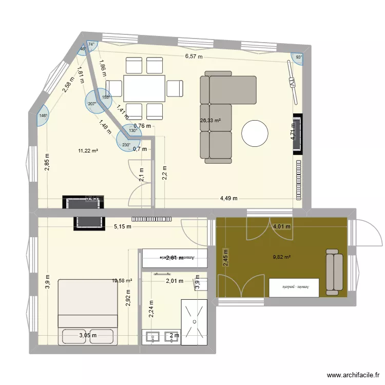 Bleu. Plan de 4 Pièces et 67 m²