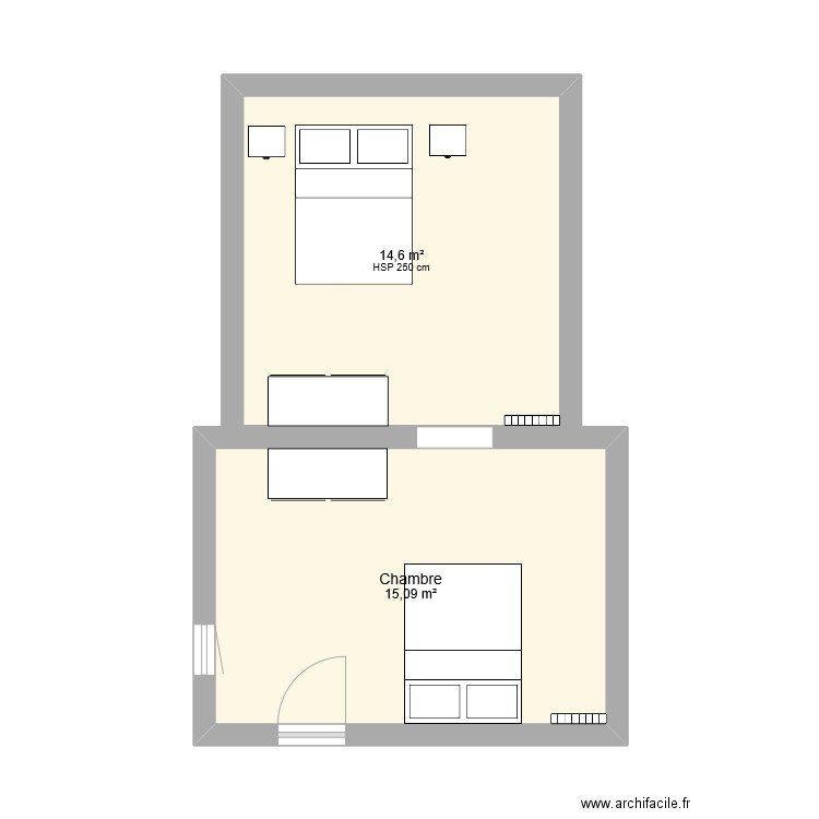 chambre double . Plan de 2 pièces et 30 m2