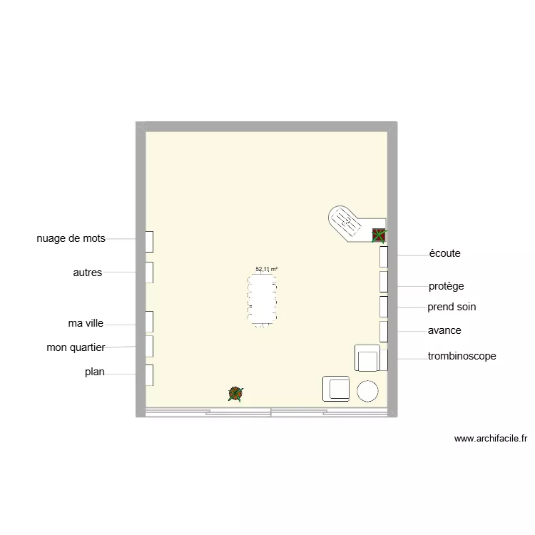 permanence. Plan de 1  et 52 m²