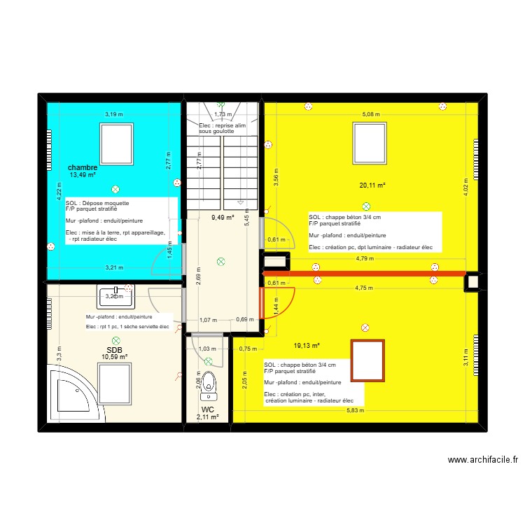 Carpentier - R+1 état projeté. Plan de 8 pièces et 75 m2