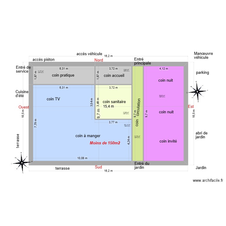 Maison rectangle 04. Plan de 6 pièces et 147 m2