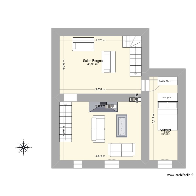 Maison Clozades R+1. Plan de 2 pièces et 57 m2