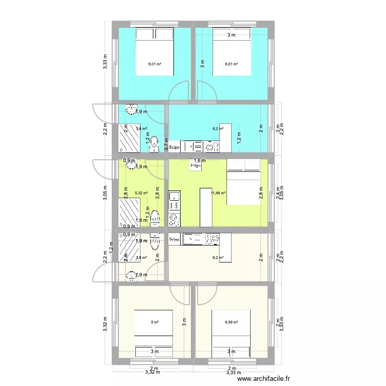 F3, F1. Plan de 10 pièces et 77 m²