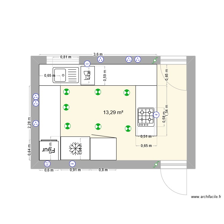 cuisine. Plan de 1 pièce et 13 m2