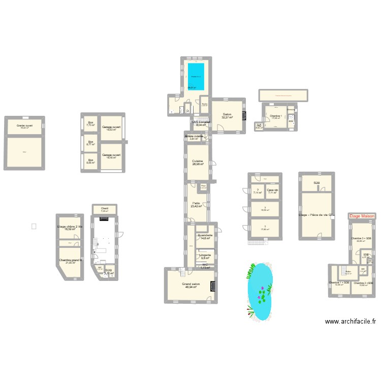 Mouchetière. Plan de 47 pièces et 646 m2