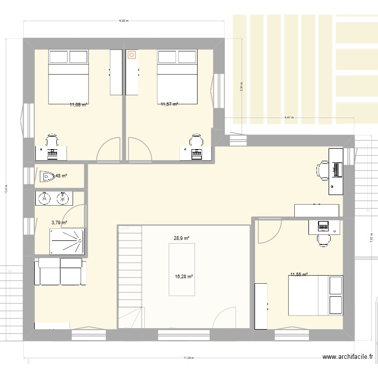 16-10 en L cuisine à droite. Plan de 15 pièces et 276 m2
