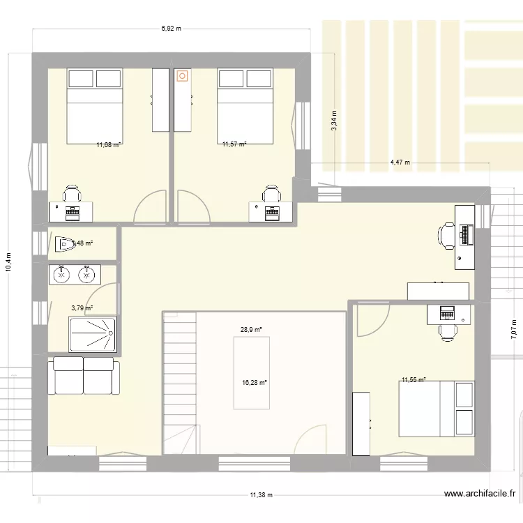 16-10 en L cuisine &agrave; droite. Plan de 