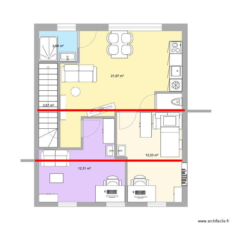 Etage 2 Moon. Plan de 5 pièces et 53 m2