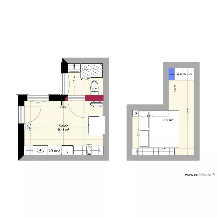 Futur appart Quentin. Plan de 3  et 20 m²