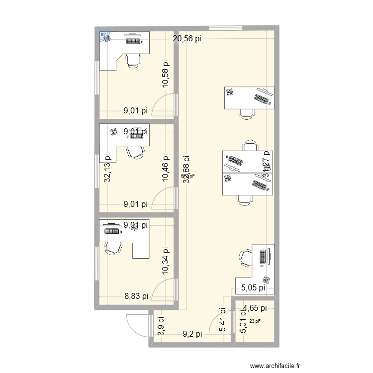 bureau usin B. Plan de 2 pièces et 65 m2