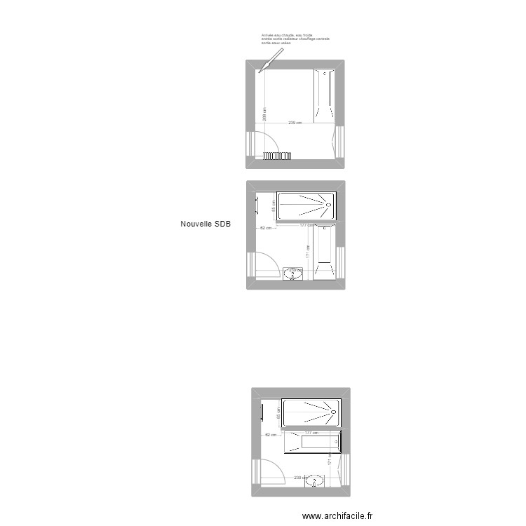 SDB actuelle. Plan de 5 pièces et 19 m2