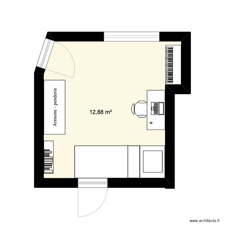 chambre. Plan de 1 pièce et 13 m2