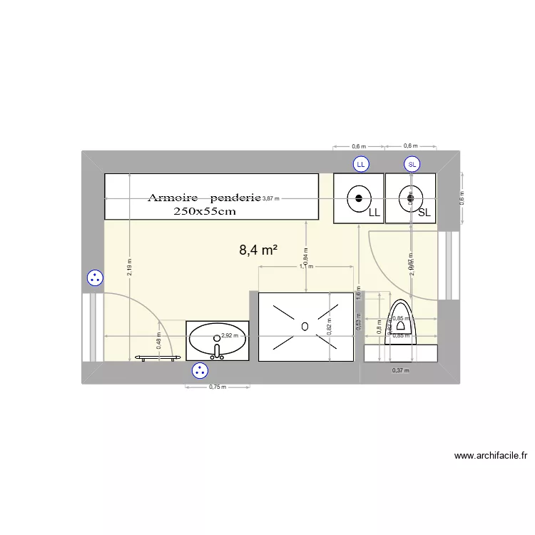 SALLE DE BAIN 3. Plan de 1  et 8 m²