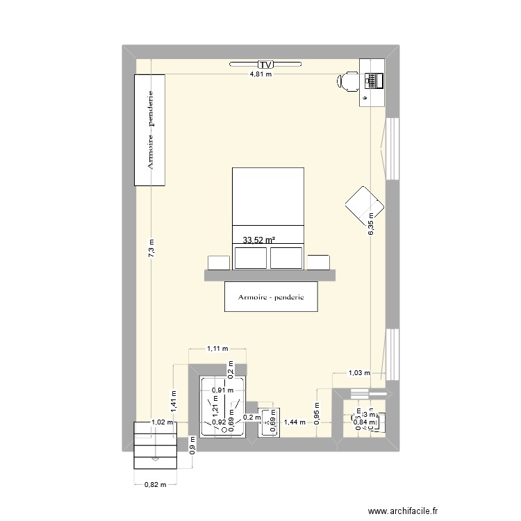 2 pièces 1 meublé. Plan de 2 pièces et 34 m2