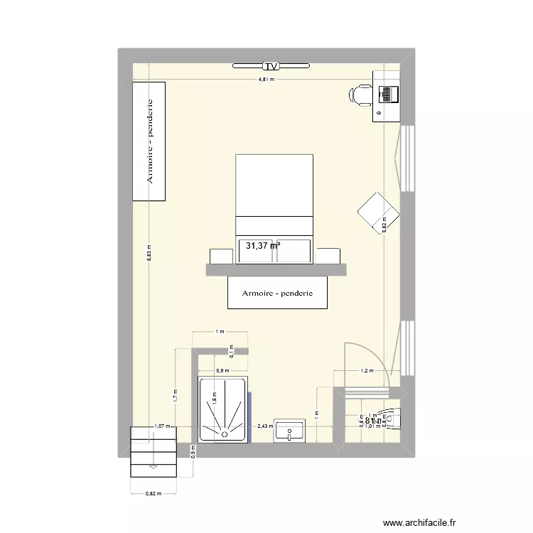 2 pi&egrave;ces 1 meubl&eacute;. Plan de 