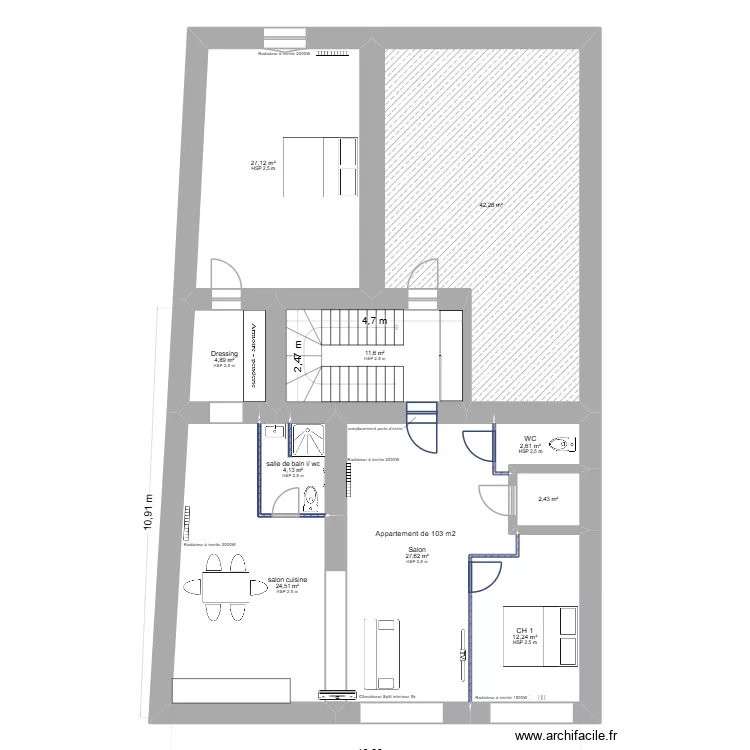 1e etage droite projt. Plan de 10 pièces et 159 m²
