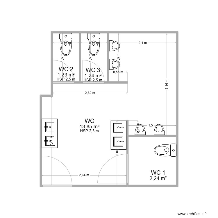 wc letrait. Plan de 4 pièces et 19 m2
