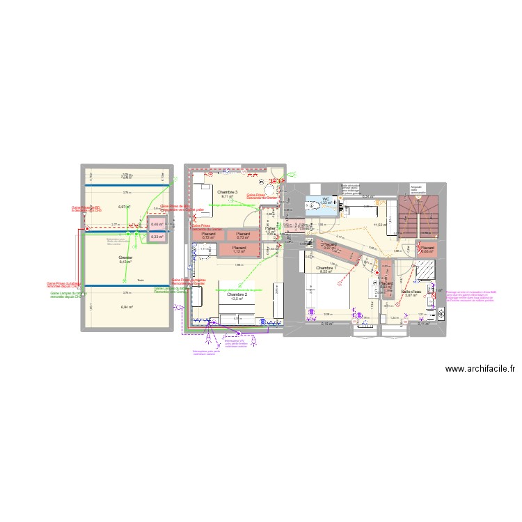 Etage 27-03-2025 schéma électrique. Plan de 25 pièces et 84 m2