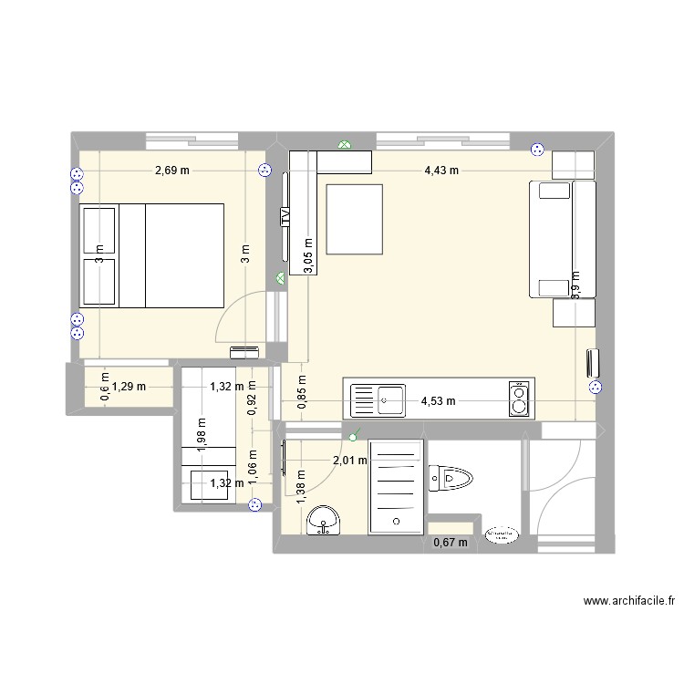 SalonAllosBis. Plan de 6 pièces et 32 m2