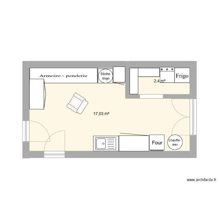 cellier. Plan de 2 pièces et 19 m2