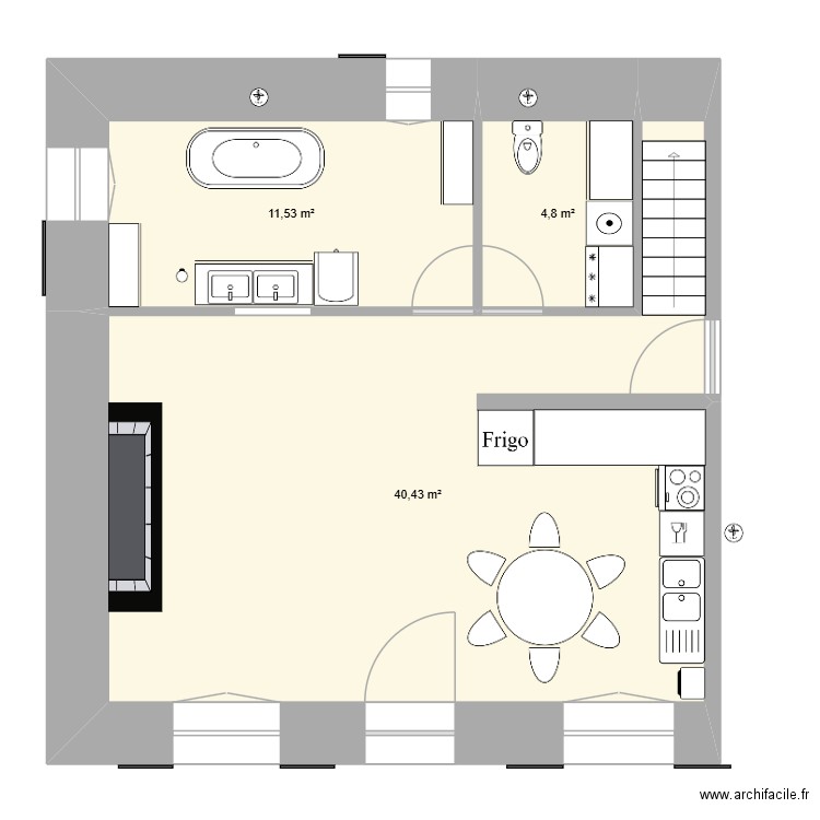 Les sauces. Plan de 3 pièces et 57 m2