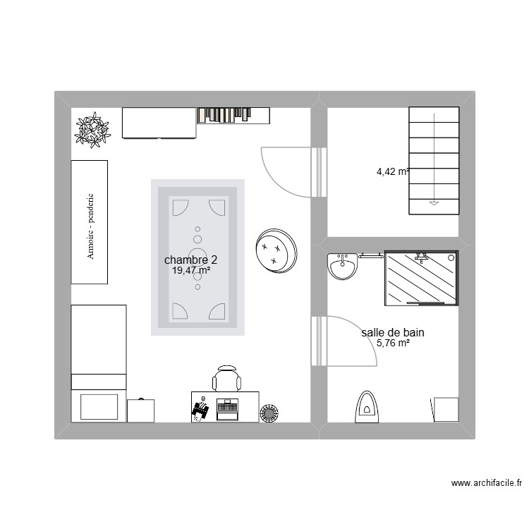 chambre 2. Plan de 3 pièces et 30 m2