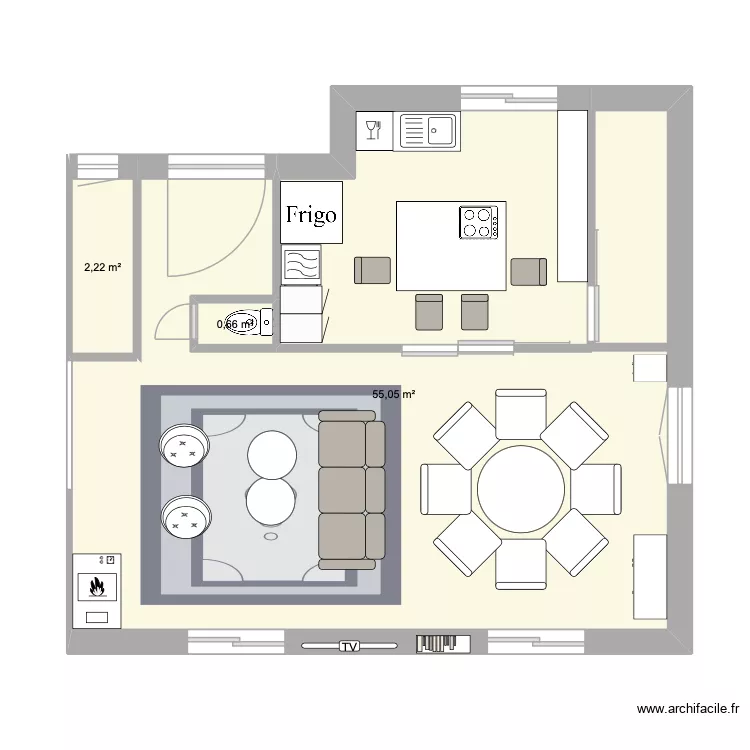 wc en face de la porte d'entr&eacute;e. Plan de 3  et 58 m²