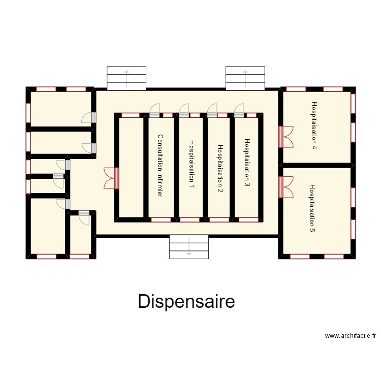 Vue en plan dispensaire CS BOPA. Plan de 14 pièces et 74 m2