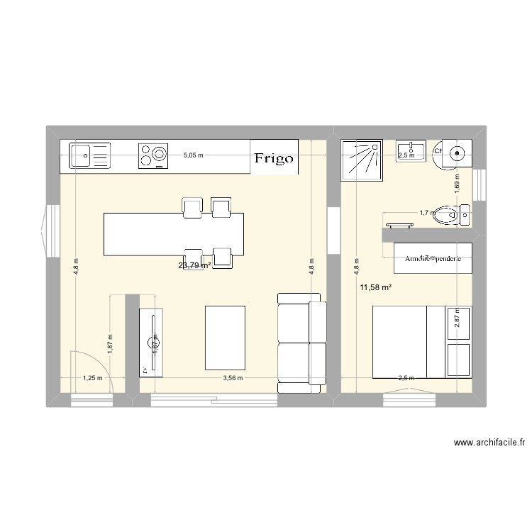 Studio 2. Plan de 2 pièces et 35 m2