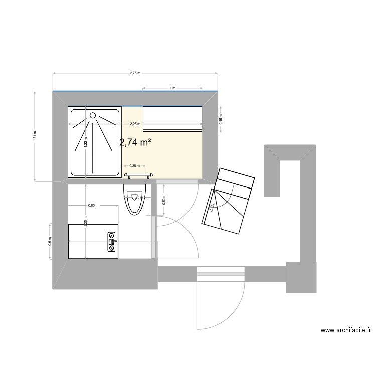 sdb sous sol. Plan de 1 pièce et 3 m2